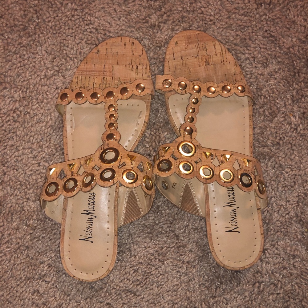 Neiman Marcus Cork Sandals with Gold Accents